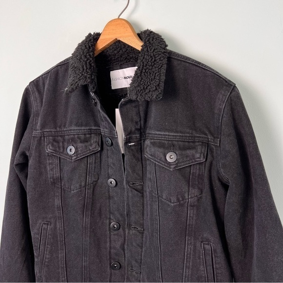 NWT! FASHION NOVA Men's Sherpa Collar Denim Jacket - Black - Picture 5 of 10